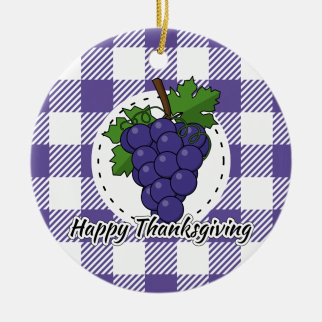 Grape on Violet Plaid - Happy Thanksgiving Ceramic Tree Decoration (Front)