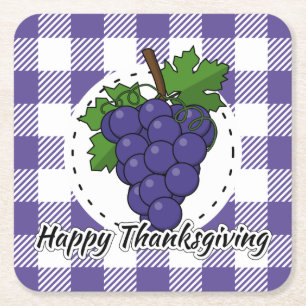 Grape on Violet Plaid - Happy Thanksgiving Square Paper Coaster