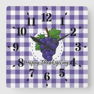 Grape on Violet Plaid - Happy Thanksgiving Square Wall Clock