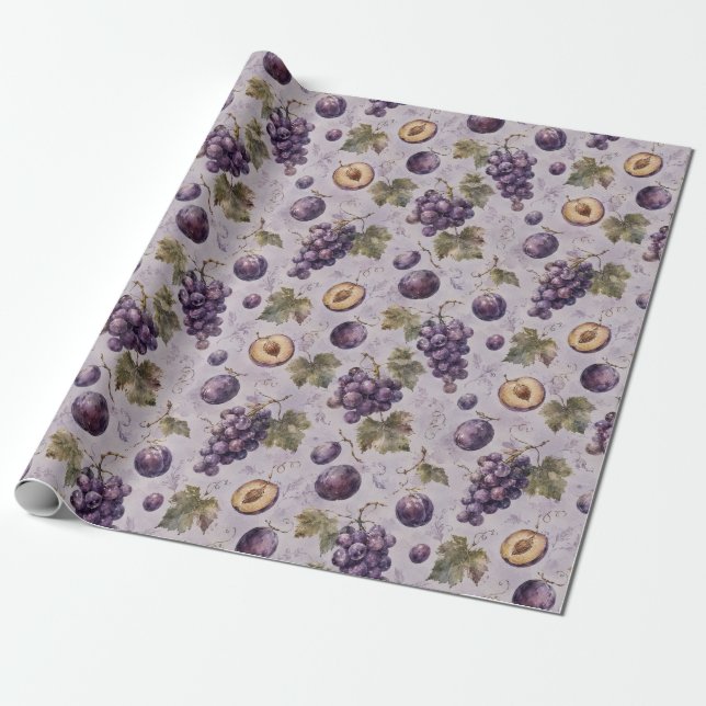 Grape Plum Watercolor Fruit Pattern Gift Wrapping Paper (Unrolled)