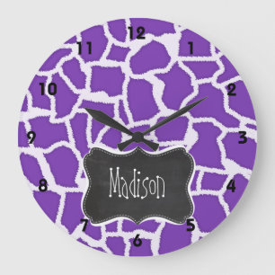 Grape Purple Giraffe Animal Print; Chalkboard look Large Clock