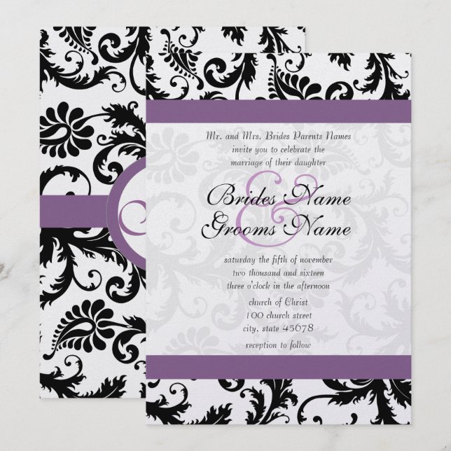 Grape Trim Black Damask Swirls Wedding Invitation (Front/Back)