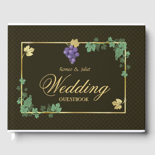 Grape Vines with Gold Frame Wedding Guest Book (Front)