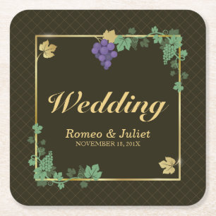Grape Vines with Gold Frame Wedding Paper Coaster