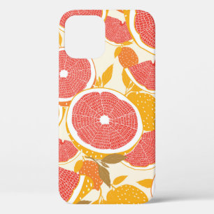 Grapefruit and halved slices with leaves on white. iPhone 12 case