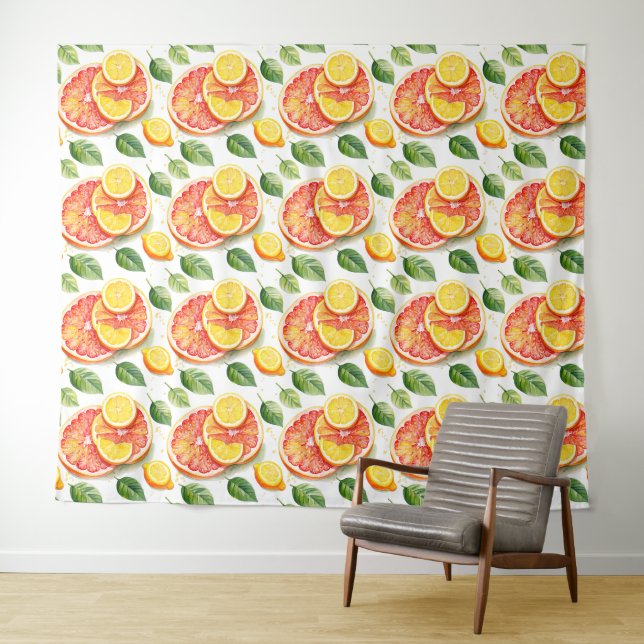 Grapefruit and Lemons Watercolor Citrus  Tapestry (In Situ (Horizontal))