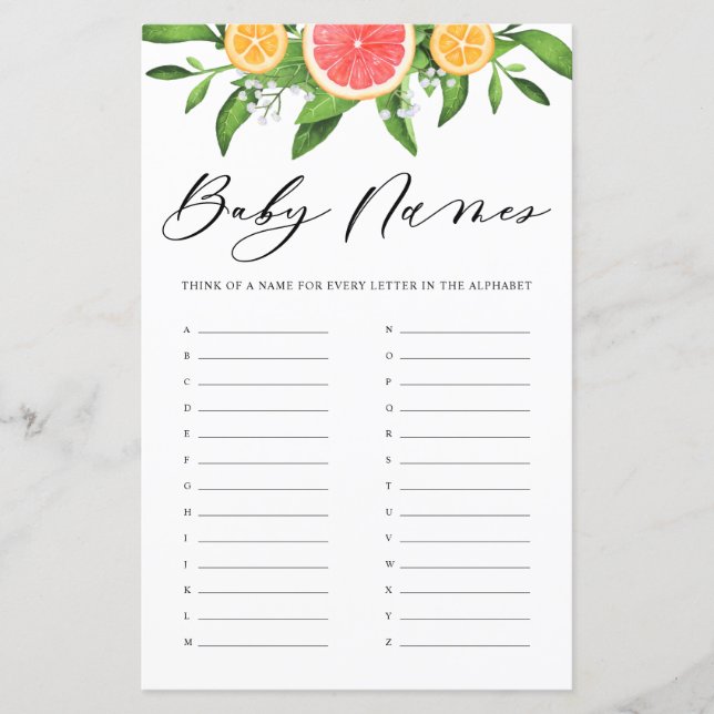 Grapefruit Baby Names Alphabet Baby Shower Game (Front)