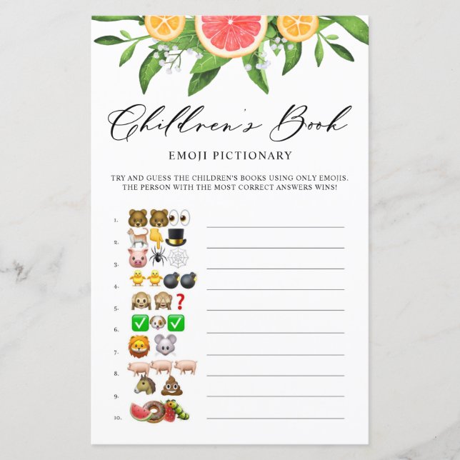 Grapefruit Book Emoji Pictionary Baby Shower Game (Front)