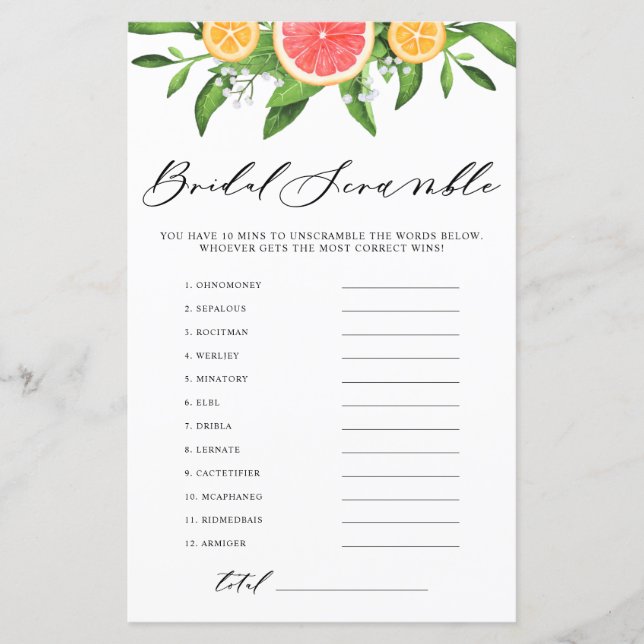 Grapefruit Bridal Word Scramble Bridal Shower Game (Front)