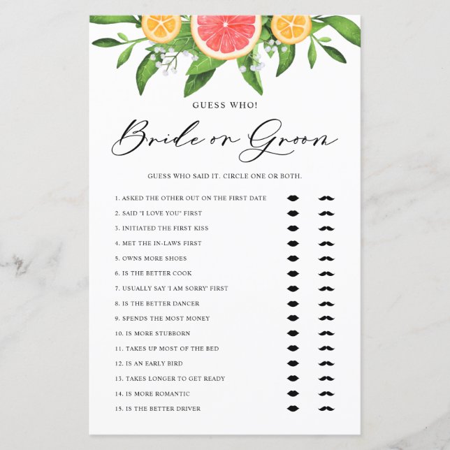 Grapefruit Bride or Groom Bridal Shower Game (Front)
