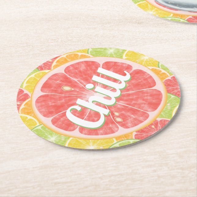 Grapefruit Citrus Slices Chill Round Paper Coaster (Angled)