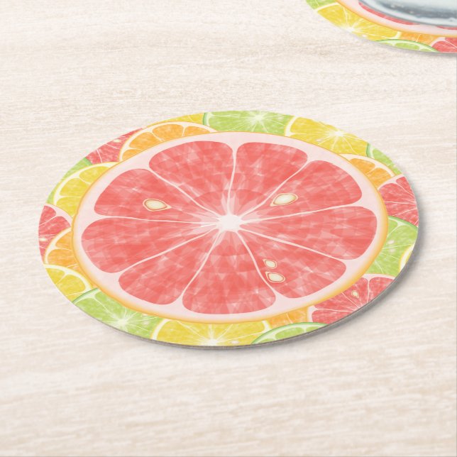 Grapefruit Citrus Slices Round Paper Coaster (Angled)