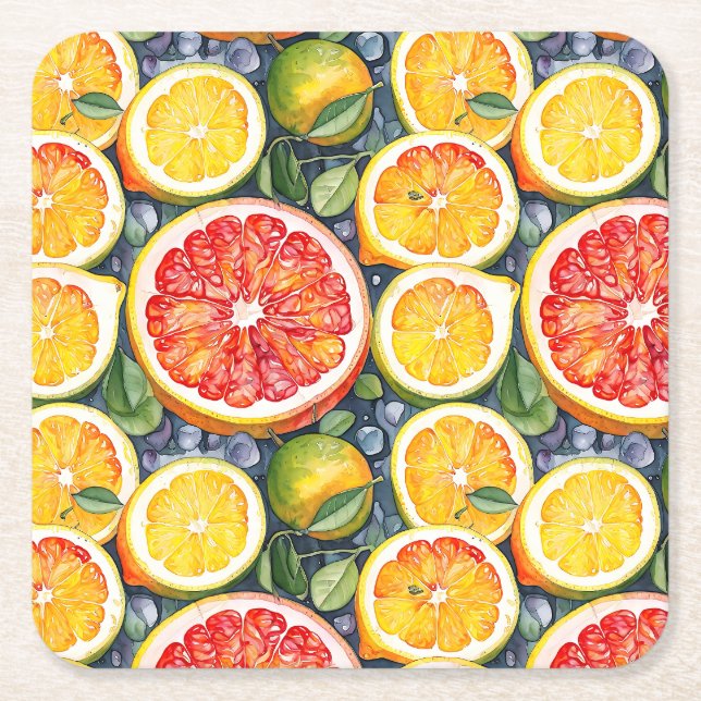 Grapefruit, Limes and Lemons Citrus Themed Square Paper Coaster (Front)