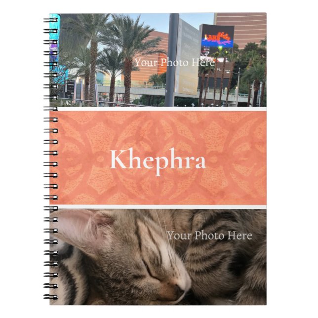 Grapefruit Pink Batik Photo Collage, Border, Name Notebook (Front)