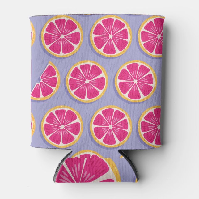 Grapefruit slices, vibrant purple pattern. can cooler (Front)