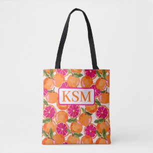 Grapefruit Watercolor Monogram Tote Bag