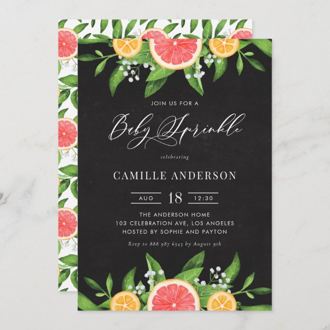 Grapefruits and Oranges Chalkboard Baby Sprinkle Invitation (Front/Back)