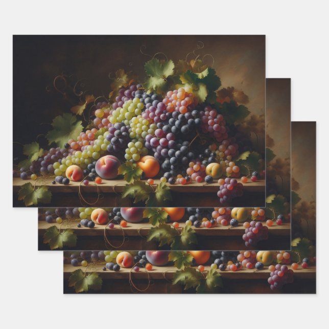 Grapes and Fruit Still Life Painting Decoupage Wrapping Paper Sheet (Set)