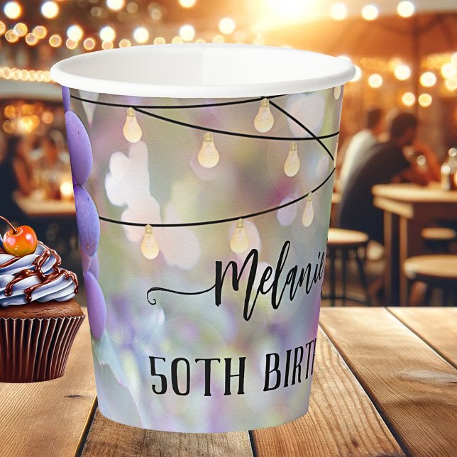 Grapes and String Lights Festive Birthday Paper Cups (Festive paper cups featuring colorful grapes and string lights. Beautiful for a birthday celebration)