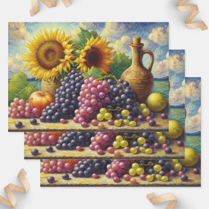 Grapes and Sunflowers Oil Painting Decoupage Wrapping Paper Sheet