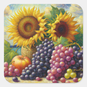 Grapes and Sunflowers Oil Painting Square Sticker