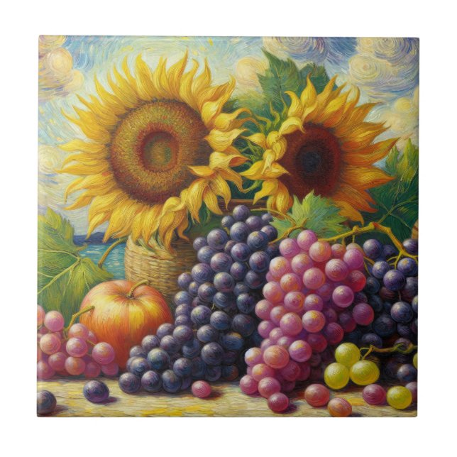 Grapes and Sunflowers Oil Painting Tile (Front)