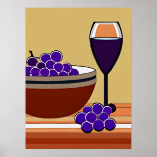 Grapes and Wineglass in Maroon and Tan  Poster