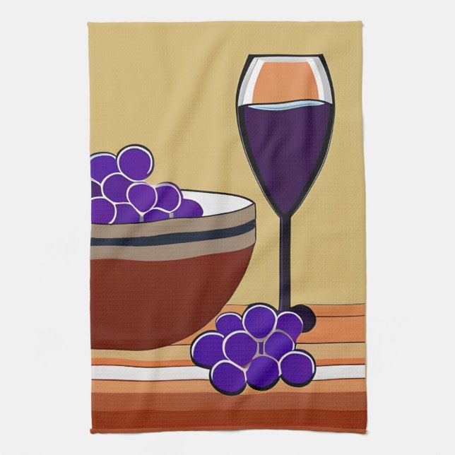 Grapes and Wineglass in Maroon and Tan   Tea Towel (Vertical)