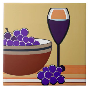 Grapes and Wineglass in Maroon and Tan   Tile