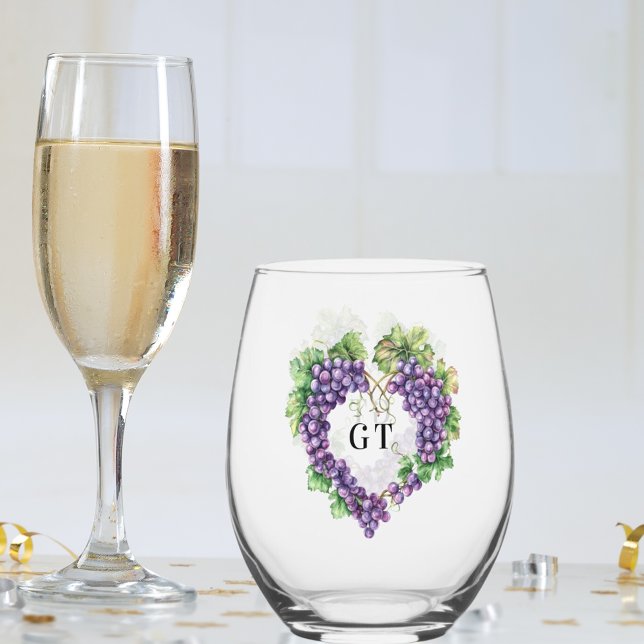 Grapes heart monogram initials stemless wine glass (Creator Uploaded)