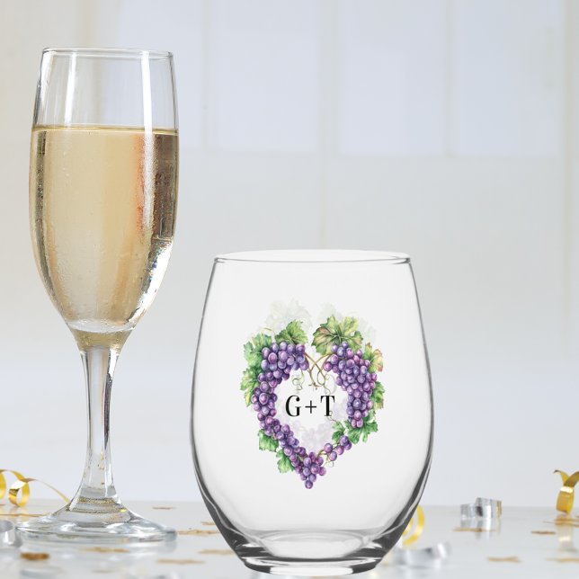 Grapes heart monogram initials wedding stemless wine glass (Creator Uploaded)