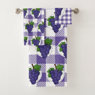 Grapes on White Violet Plaid Bath Towel Set