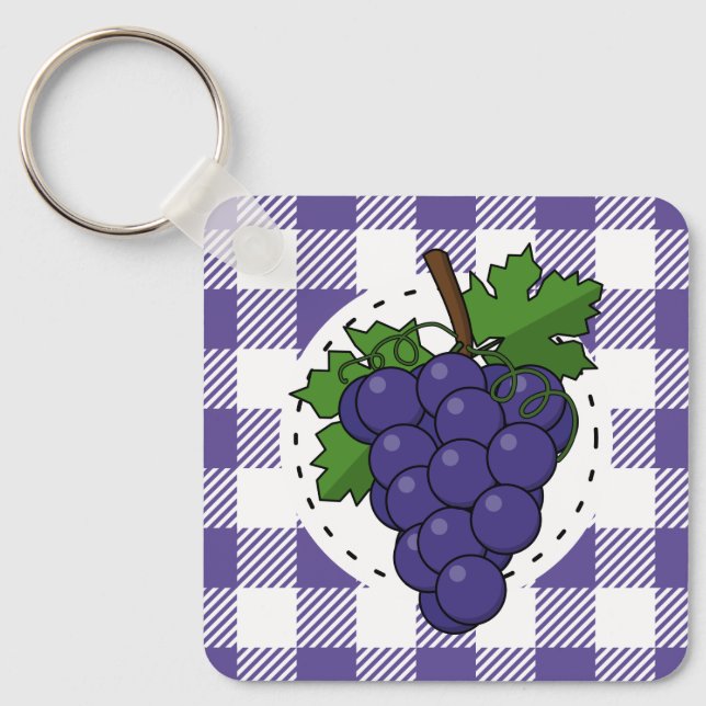 Grapes on White Violet Plaid Key Ring (Front)