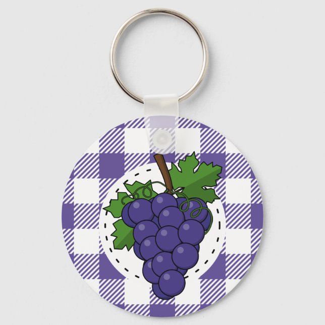 Grapes on White Violet Plaid Key Ring (Front)