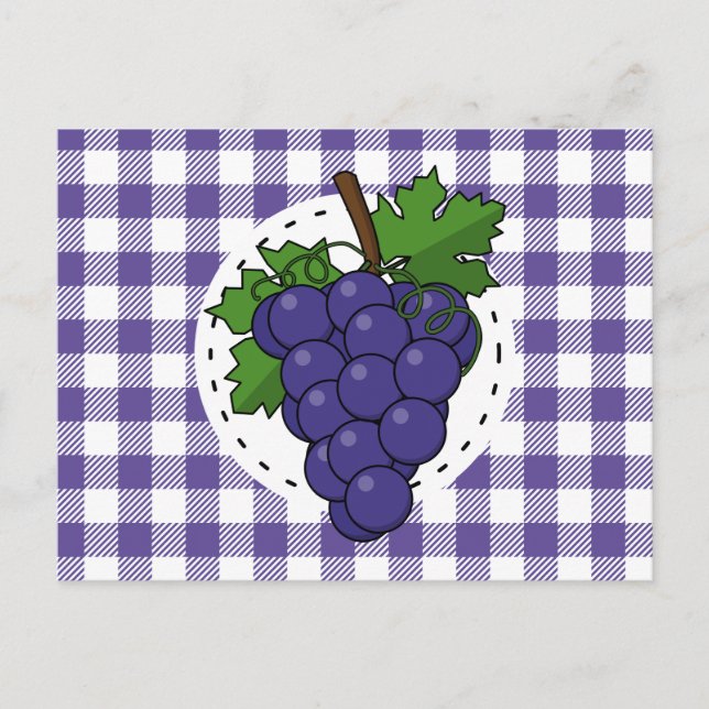 Grapes on White Violet Plaid Postcard (Front)