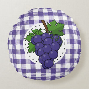 Grapes on White Violet Plaid Round Cushion