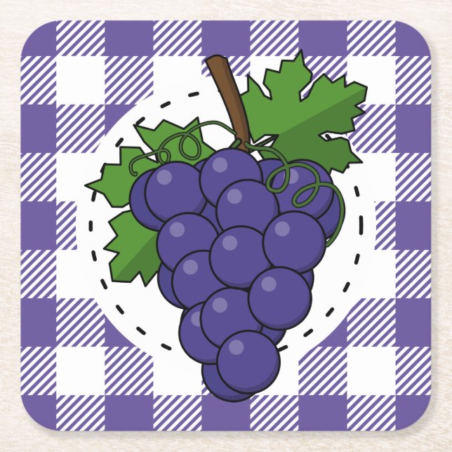 Grapes on White Violet Plaid Square Paper Coaster (Front)