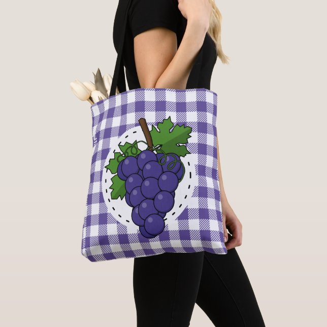 Grapes on White Violet Plaid Tote Bag (Close Up)
