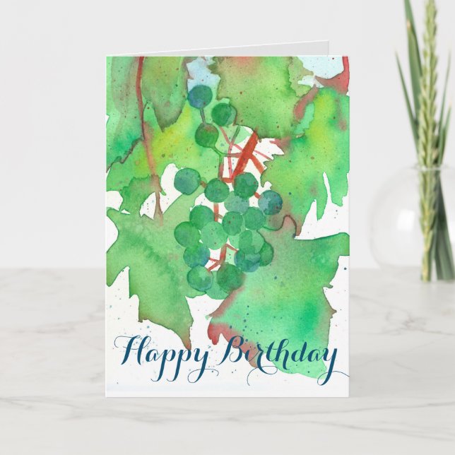 Grapes Vine Watercolor Fruit Happy Birthday Card (Front)