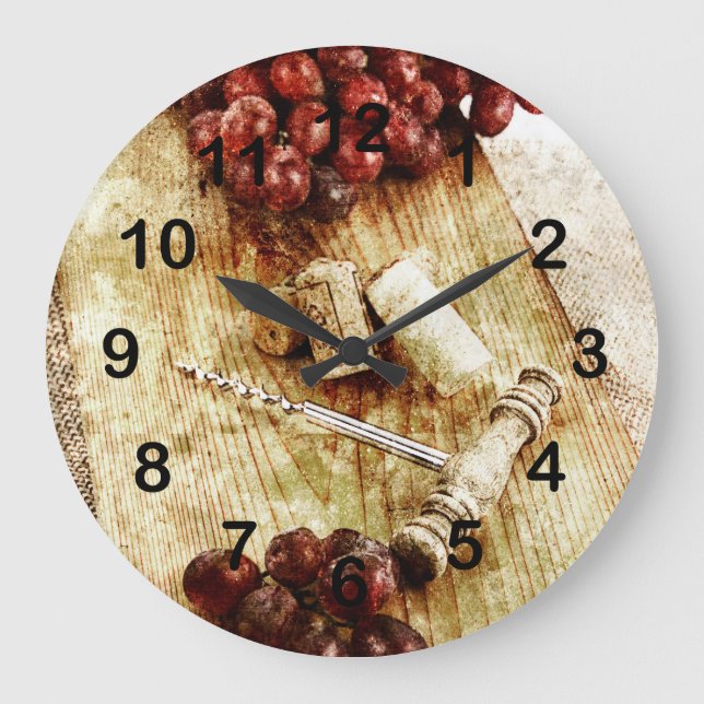 Grapes, wine bottle corks and corkscrew large clock (Front)