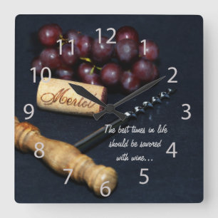 Grapes, wine bottle corks and corkscrew square wall clock