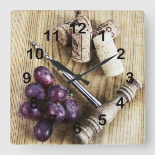 Grapes, wine bottle corks and corkscrew square wall clock
