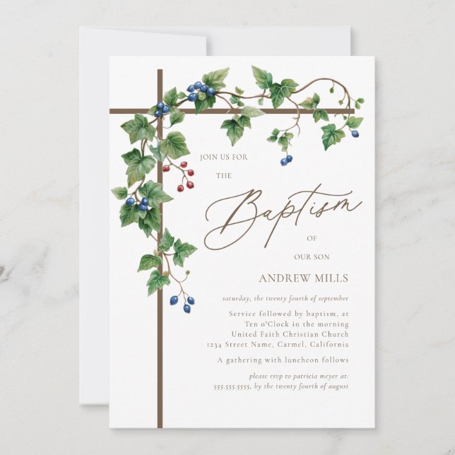 Grapevine Covered Woodsy Brown Cross Baptism Invitation (Front)