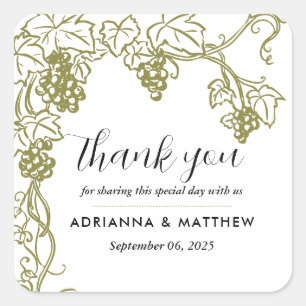 Grapevine Elegant Wedding Thank You Vineyard Square Sticker