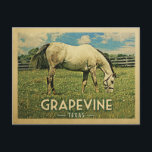 Grapevine Texas Horse Farm -Vintage Travel Postcard<br><div class="desc">Grapevine Texas rural vintage travel postcard.  It features a white horse grazing on green grass with fence and blue clouds sky above. A fun country farm image with rustic charm.</div>