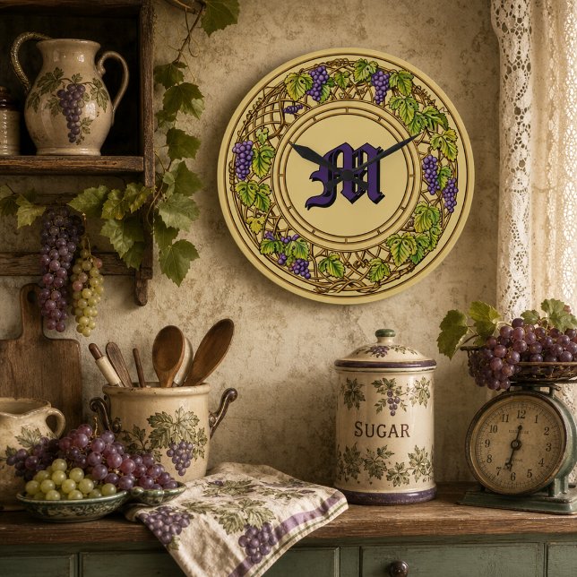 Grapevine Trellis Wreath Monogram Print Large Clock (Creator Uploaded)