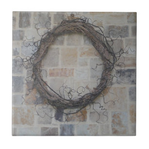 Grapevine Wreath on stone fireplace Tile
