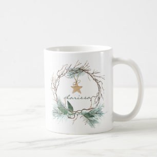 Grapevine Wreath Pine Branches Star Monogram Mug
