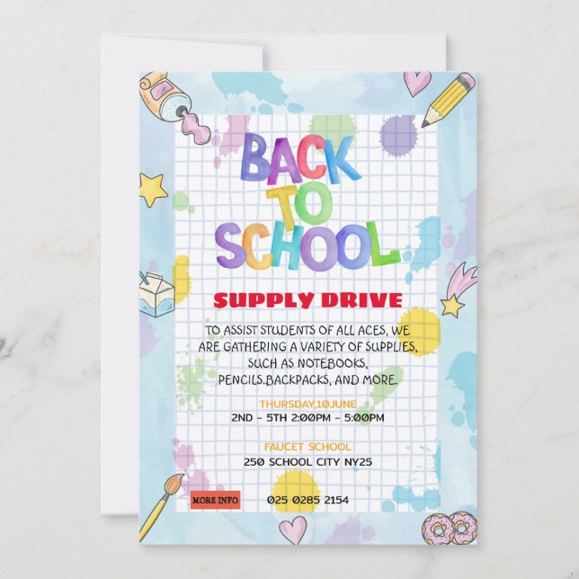 Graph Paper Back to School Supply Drive Fundraise  Invitation (Front)