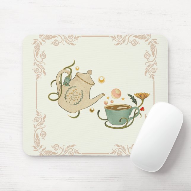 Graphic Art, Beige Illustration Tea Time Mouse Mat (With Mouse)